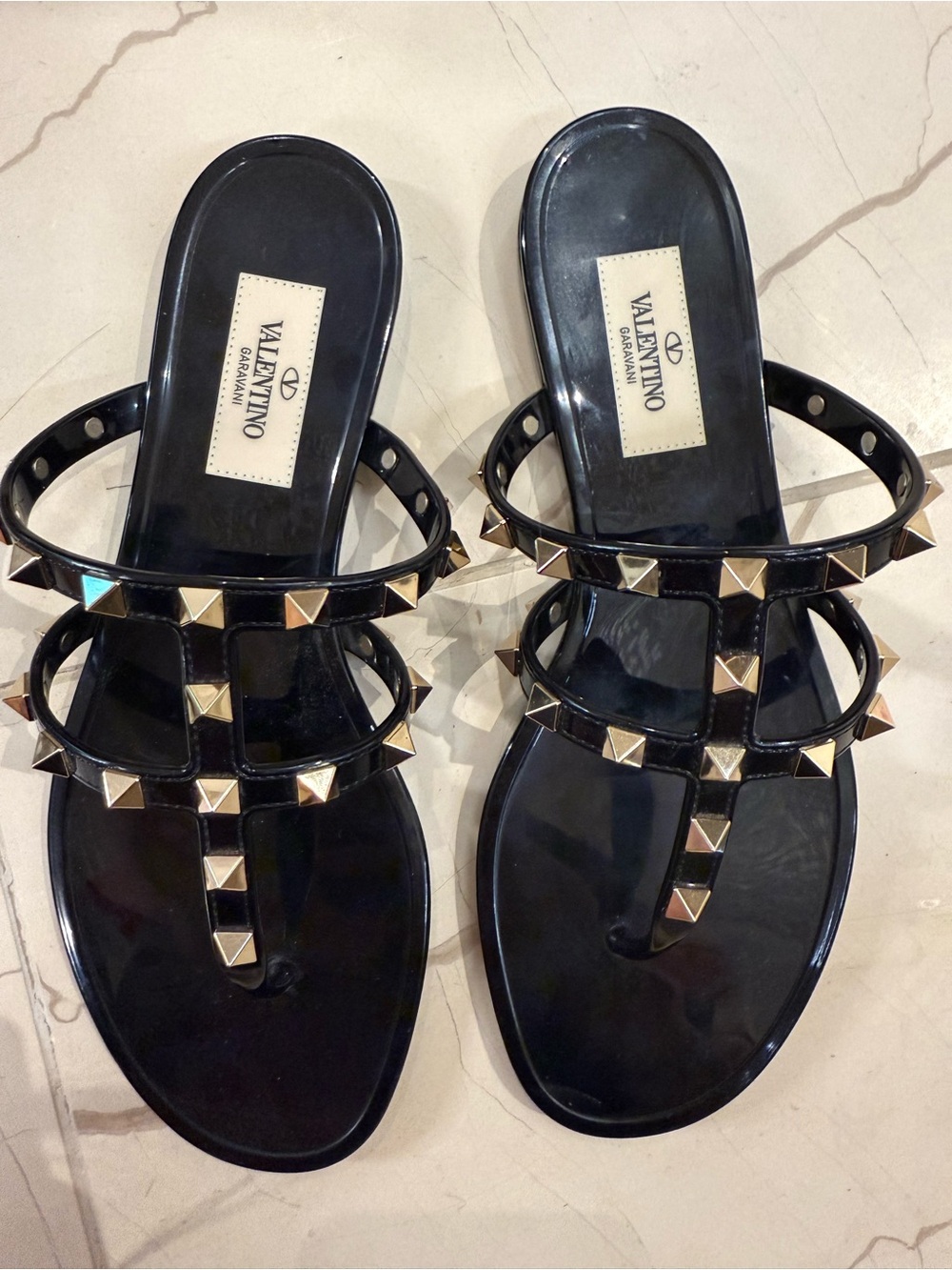 Valentino Black Rockstud Jelly T-Strap Sandals